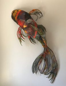 Sculpture of Koi fish created with painted and stitched aluminum screen